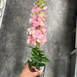 Pink Artificial Hydrangea Stem in Silver Vase - Home Accents -Approximately 14”